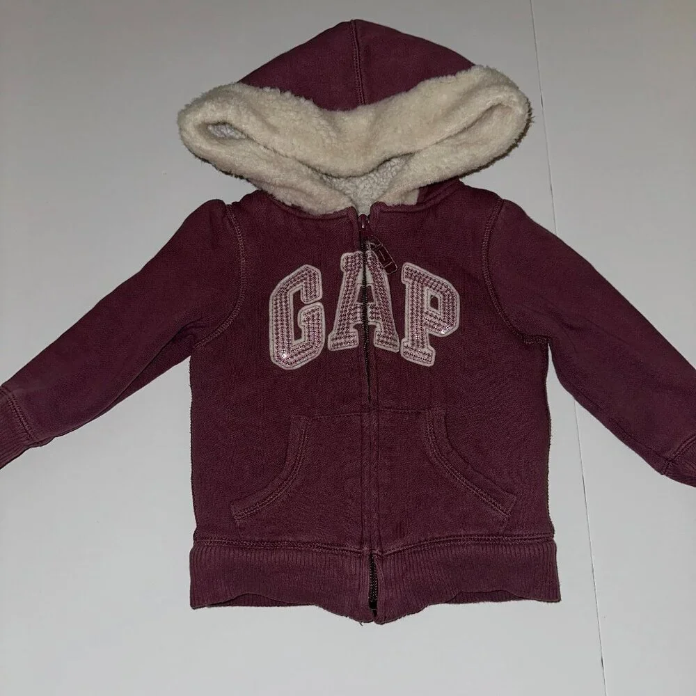 Girls 2yr 2T Baby Gap Logo Purple Zip Up Hoodie GLITTER arch logo